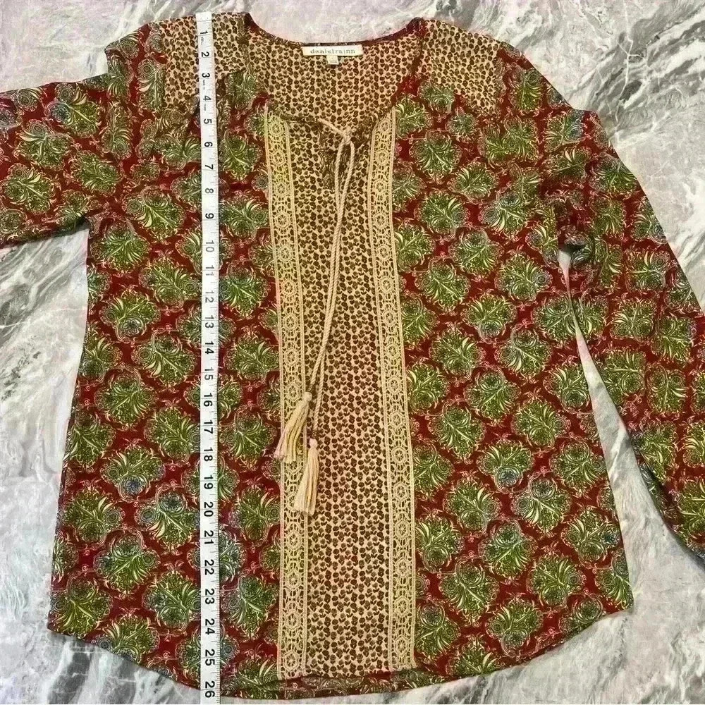 Daniel Rainn Womens S Red Brown Pattern Long Sleeve Boho Crochet Tassel Blouse - Picture 4 of 12